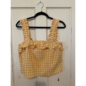 Storia sunflower yellow white check ruffled straps tank top. Size medium.